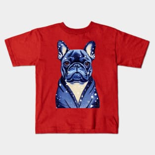 Beautiful Adorable Blue French Bulldog in Fluffy Snow Christmas French Bulldog Puppy Kids T-Shirt